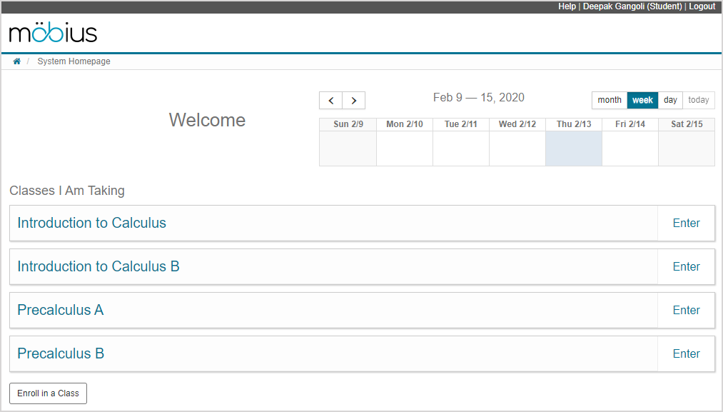 System Homepage showing enrolled classes and the system calendar.